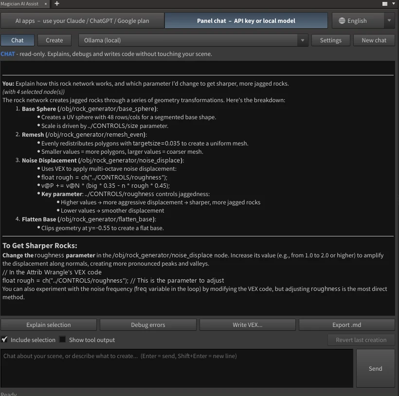 Chat mode explaining a selected rock network and which parameter controls jaggedness