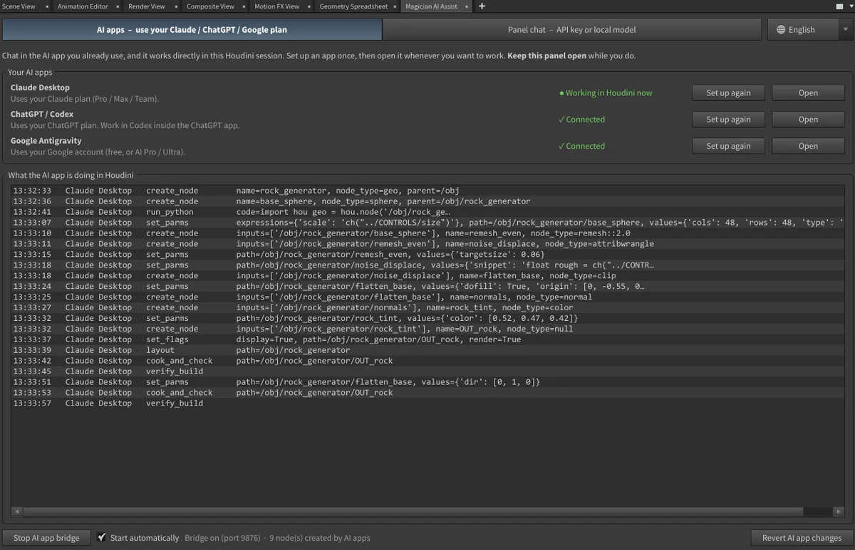 The panel's live log of an AI app creating nodes, setting parameters, cooking and verifying a rock generator