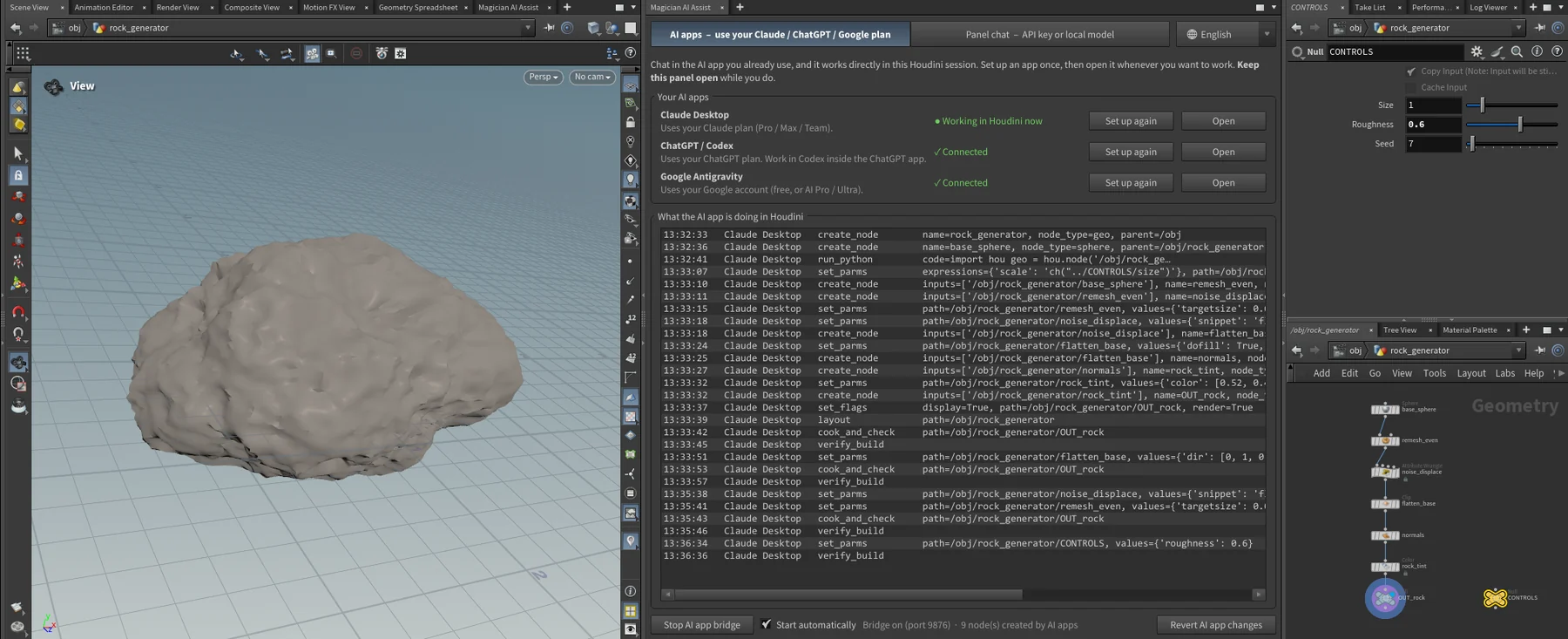 Houdini with a procedural rock the AI just built, the Magician AI Assist panel listing every step, and the rock's controls and node network